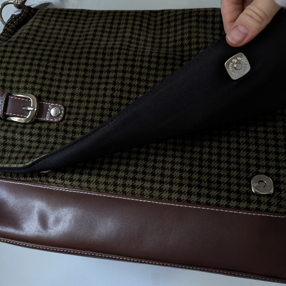Y2K Vintage Tommy Hilfiger Wool & Leather Houndstooth Messenger Bag Brown Green - Picture 4 of 13